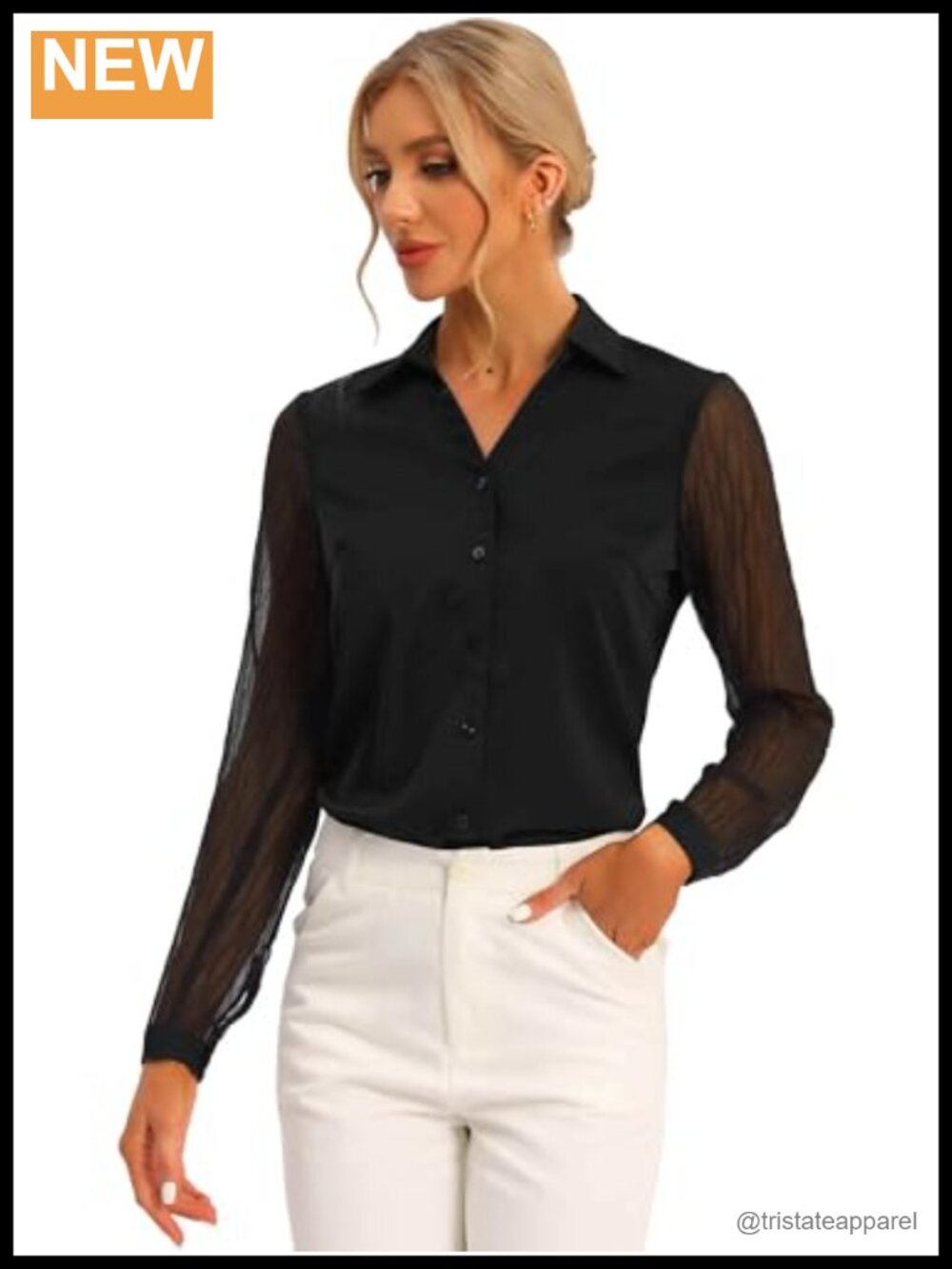 Office Blouse Women's Point Collar V Neck Button Down Mesh Sleeve Work Shirt